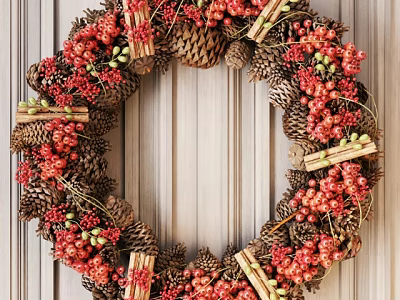 Decorative Wreath with Pine Cones Red Berries and Cinnamon Sticks Hanging on Wooden Door 3d model