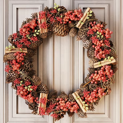 Decorative Wreath with Pine Cones Red Berries and Cinnamon Sticks Hanging on Wooden Door 3d model