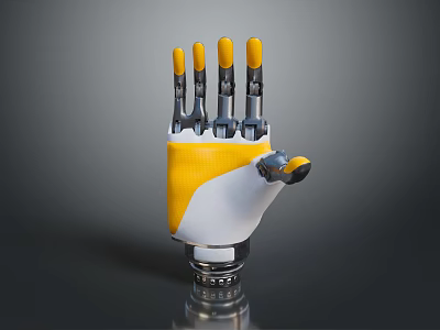 Mechanical Prosthetic Hand Design With Yellow Fingertips White Base And Metal Joints Structure 3d model