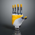 Mechanical Prosthetic Hand Design With Yellow Fingertips White Base And Metal Joints Structure