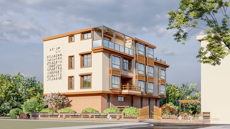 Modern Multi Story Residence Building With Balconies Green Plants And Chinese Style Elements 3d model 