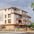 Modern Multi Story Residence Building With Balconies Green Plants And Chinese Style Elements