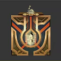 Ornate Golden Cube With Red Blue Stripes Glowing Light And Reflective Base