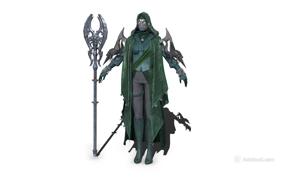 Green Cloaked Game Movie Character With Detailed Armor And Ornate Staff Design 3d model 