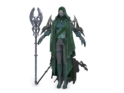 Green Cloaked Game Movie Character With Detailed Armor And Ornate Staff Design 3d model