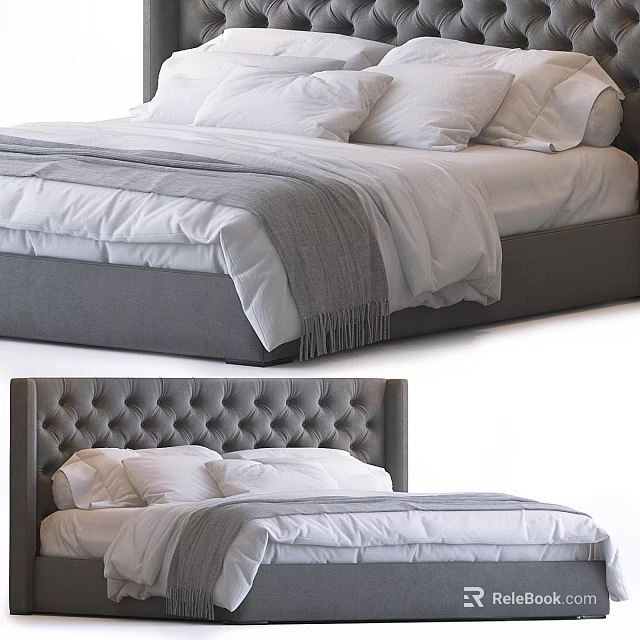 Double Bed with Tufted Headboard Gray Frame White Sheets and Pillows 3d model