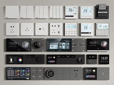 Various Switch Panels With Smart Displays Thermostats Sockets And Digital Clocks 3d model