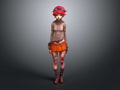 Anime Style 3D Character With Pink Hair Turtleneck Top Orange Skirt And Brown Boots 3d model