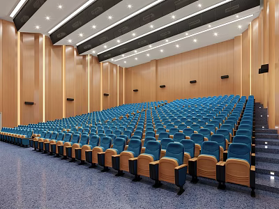 Spacious Conference Room Auditorium Style With Blue Seats Wooden Walls And Ceiling Lights 3d model