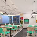 Bright Modern Restaurant Interior Featuring Glass Windows Green Railings Counter And Hanging Lights