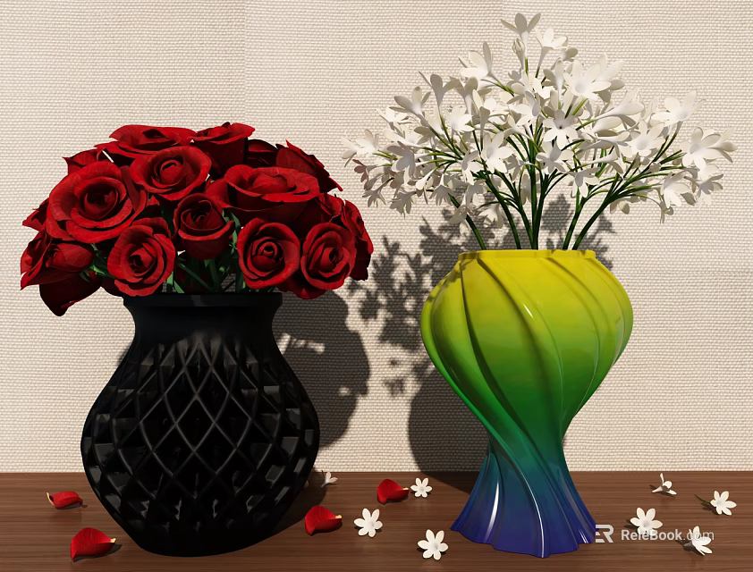 Red Roses In Black Diamond Patterned Vase And White Flowers In Colorful Gradient Vase 3d model 
