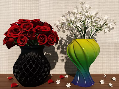 Red Roses In Black Diamond Patterned Vase And White Flowers In Colorful Gradient Vase 3d model