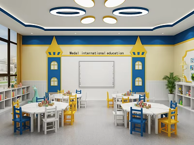 Model International Education Kindergarten With Star Shaped Decor Yellow Blue Walls Whiteboard And Learning Spaces 3d model