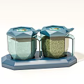 Double Transparent Glass Spice Jars On Blue Stand For Modern Kitchen Storage