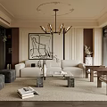 Elegant Modern Living Room Interior With Beige Sofa Chandelier Artwork Coffee Table And Plants