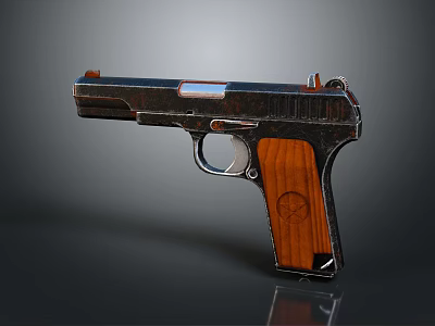 Classic Vintage Pistol With Shiny Metal Body And Wooden Grip Featuring Wood Grain 3d model