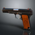 Classic Vintage Pistol With Shiny Metal Body And Wooden Grip Featuring Wood Grain