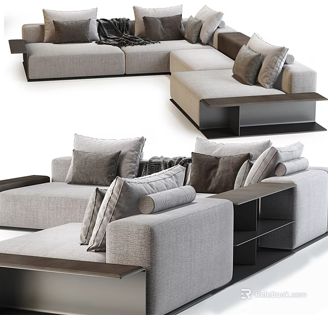 Modern L shaped Sectional Sofa with Gray Fabric Plush Cushions and Dark Base 3d model 