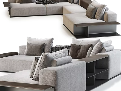 Modern L shaped Sectional Sofa with Gray Fabric Plush Cushions and Dark Base 3d model