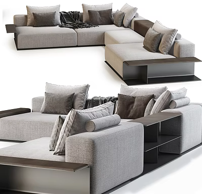Modern L shaped Sectional Sofa with Gray Fabric Plush Cushions and Dark Base 3d model