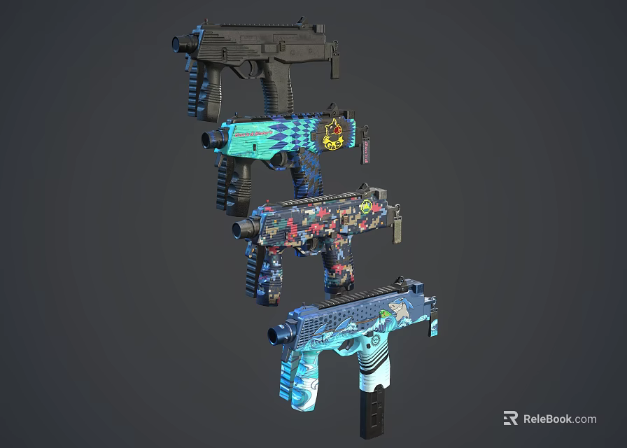 Colorful Decorated Firearms With Various Painted Designs And Different Types 3d model 