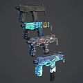 Colorful Decorated Firearms With Various Painted Designs And Different Types