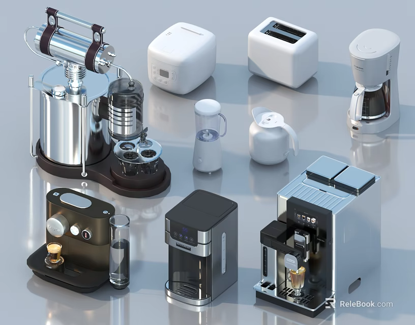 Various Modern Kitchen Appliances Including Coffee Makers Toasters Kettles And Blenders 3d model 