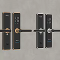 Two Black Smart Door Handles with Keypad Card Password Function on Gray Wall