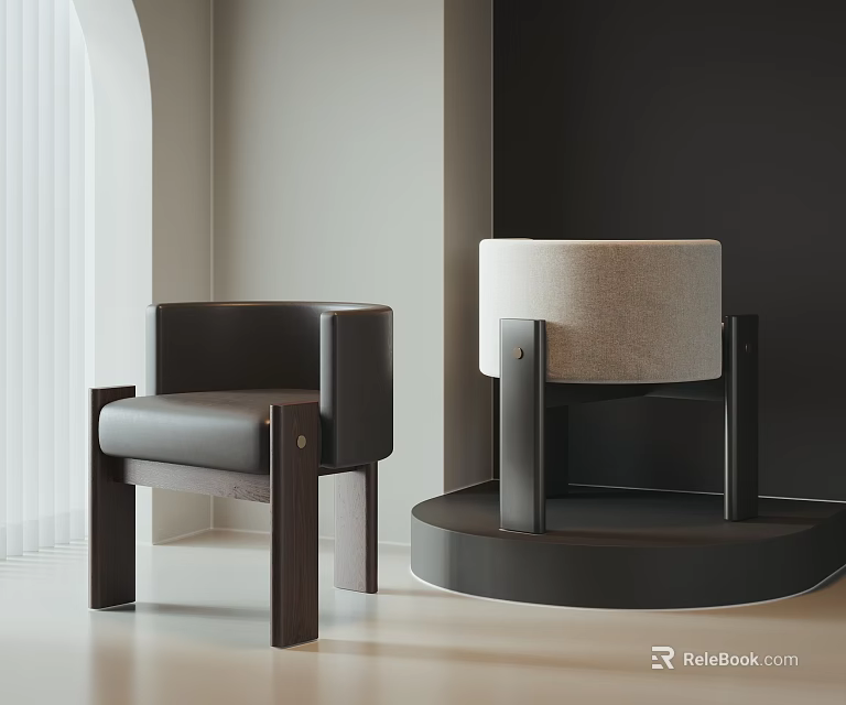 Modern Leisure Chairs Black Leather and Light Gray Fabric in Contemporary Interior Design 3d model 