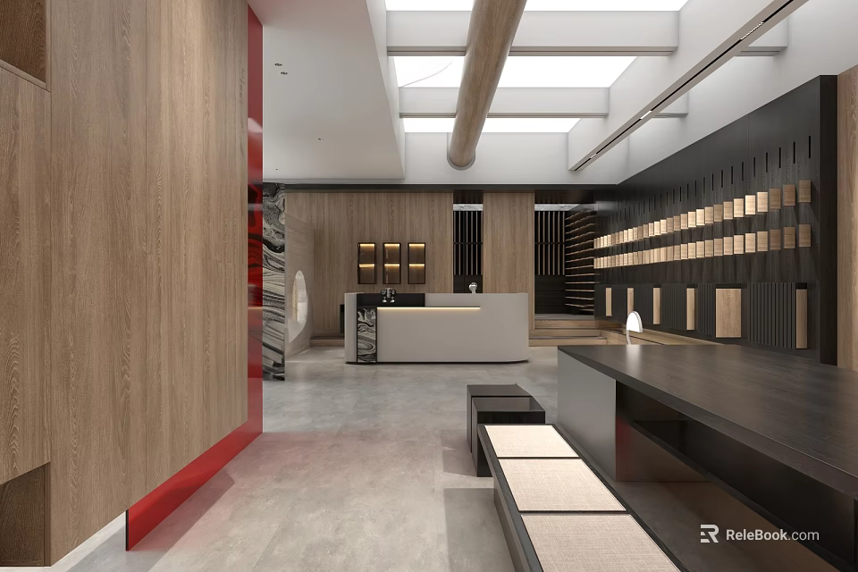 Modern Showroom with Wooden Walls Red Accents White Reception Desk and Display Shelves 3d model 