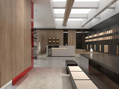 Modern Showroom with Wooden Walls Red Accents White Reception Desk and Display Shelves 3d model