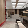 Modern Showroom with Wooden Walls Red Accents White Reception Desk and Display Shelves