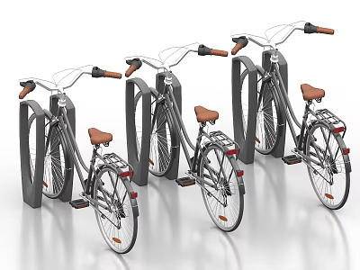 Classic Bicycles Parked at Bike Racks With Gray Frames and Brown Seats 3d model
