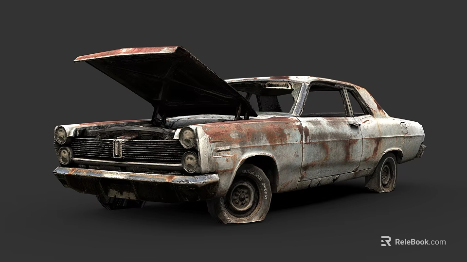 Old Rusty Car With Open Hood Vintage Exterior And Worn Details 3d model 