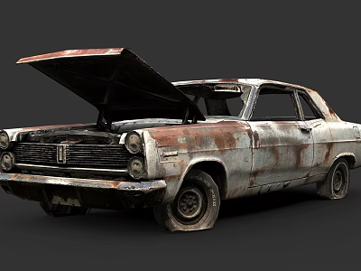 Old Rusty Car With Open Hood Vintage Exterior And Worn Details 3d model