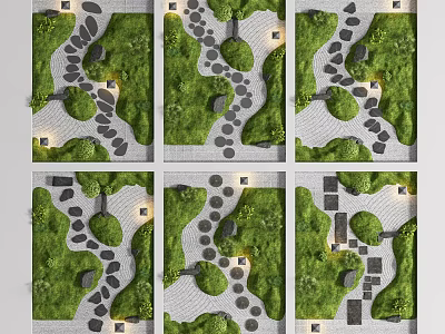 Beautiful Garden Courtyard Layouts With Stone Paths Green Lawns Trees And Lighting 3d model