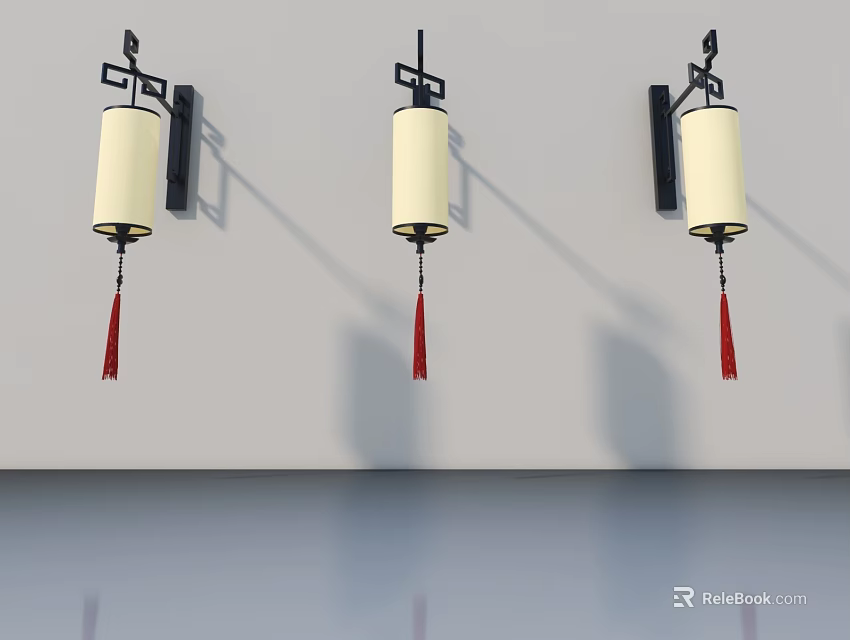 Traditional Swing Door with Black Frame White Panel and Decorative Lanterns Red Tassels 3d model 
