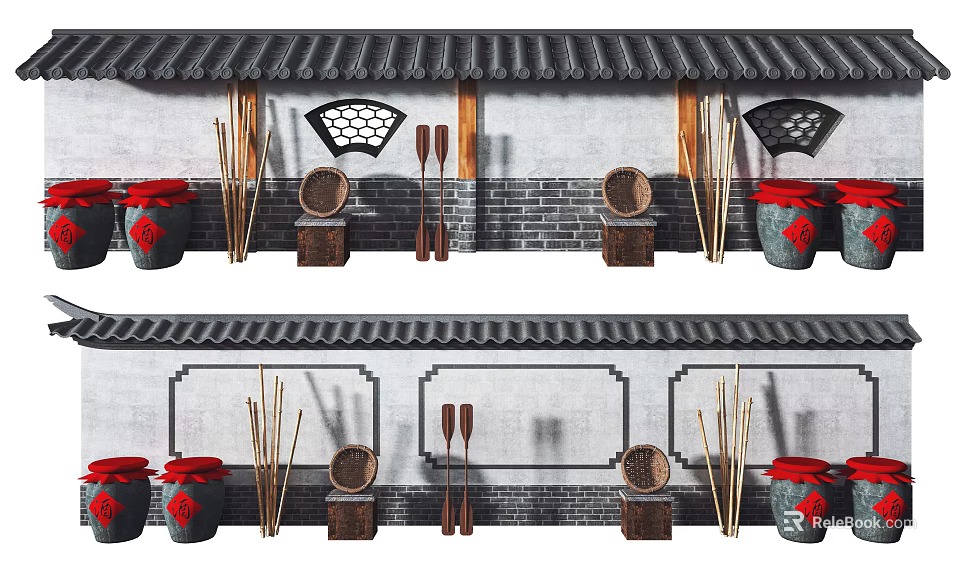 Traditional Garden Ornaments With Gray Tiled Roof Red Jars Bamboo Tools And Wicker Baskets 3d model 
