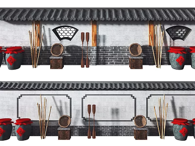 Traditional Garden Ornaments With Gray Tiled Roof Red Jars Bamboo Tools And Wicker Baskets 3d model