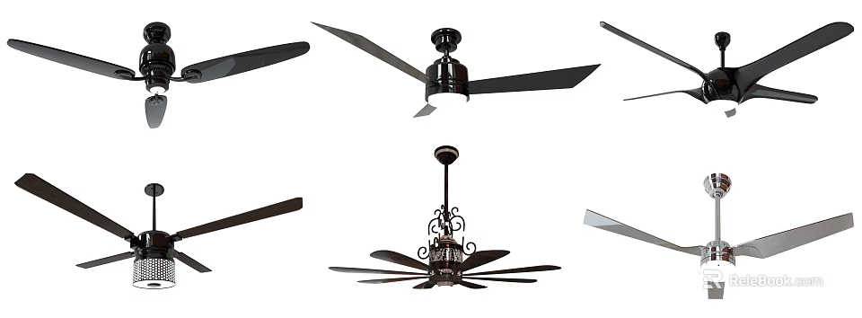 Various Stylish Ceiling Fans With Black Blades And Decorative Designs 3d model 