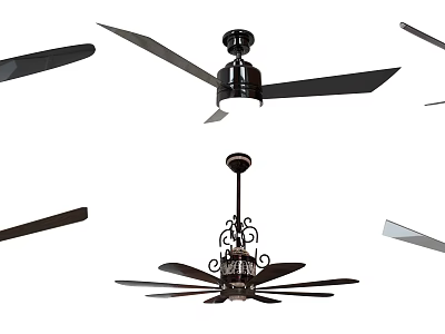 Various Stylish Ceiling Fans With Black Blades And Decorative Designs 3d model
