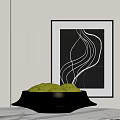 Lush Green Moss In Black Decorative Bowl With Abstract Wall Art In Modern Interior