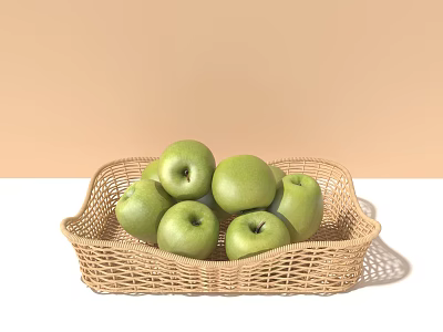 Decorative Wicker Basket Filled With Fresh Green Apples For Home Use 3d model