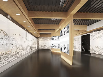 Modern Cultural Center Interior With Open Exhibition Space And Art Murals 3d model