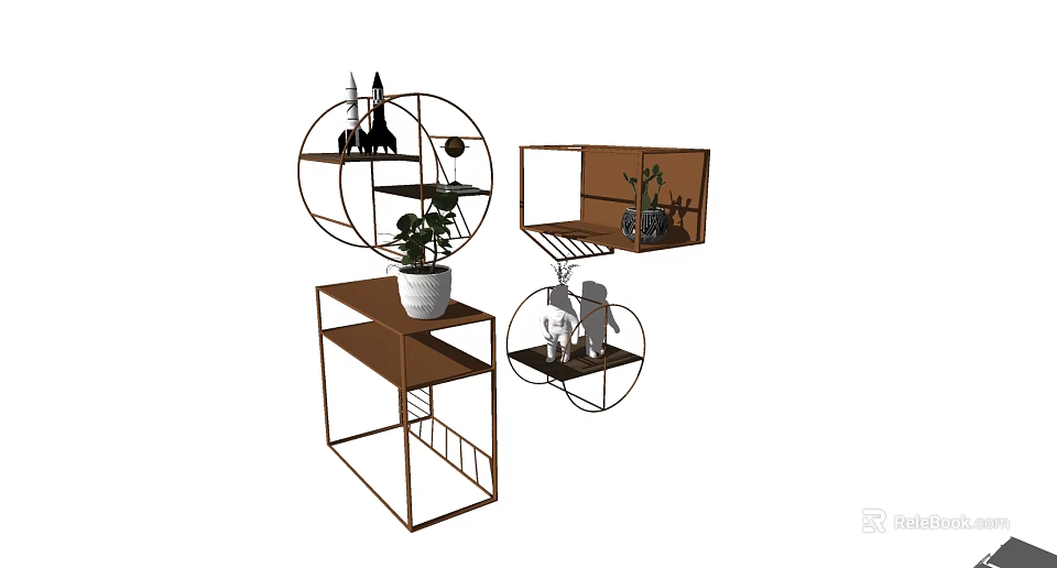 Modern Wall Cabinets with Metal Frame Decorative Plants and Interior 3d model 