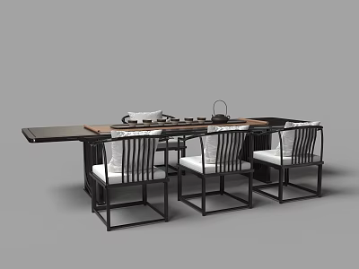 Modern Tea Table And Chairs Set With Wooden Top Metal Frame And Cushioned Seats 3d model