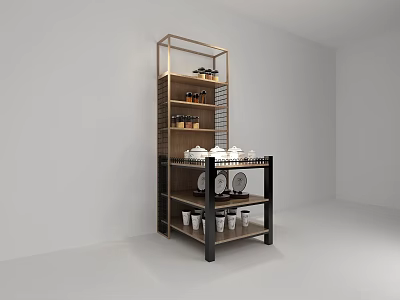 Multi tiered Metal and Wood Display Shelf with Bottles Plates and Cups 3d model