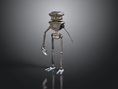 Metallic Robot Character Standing With Head Body And Limbs On Black Background With Shiny Reflection 3d model