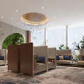 Hotel Public Lounge Area With Modern Sofas Wooden Dividers Chandelier Large Windows And Plants