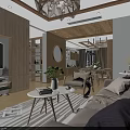 Modern Living and Dining Room Interior With Wooden Furniture Chandelier Round Mirror And Green Plants